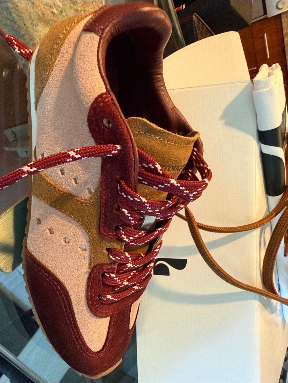 Larroude Women's Burgundy, Pink & Tan Mixed-Material Sneakers